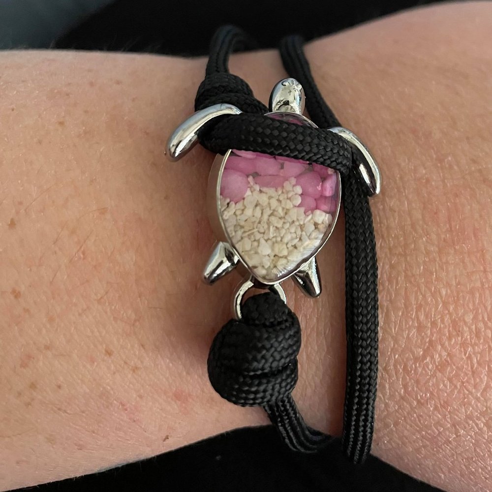 Black Rope Pink Pebble Sand Sea Turtle Bracelet